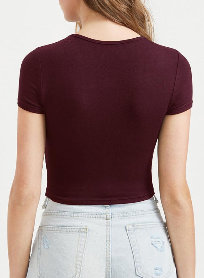 Bluelans Solid Round Neck Short Sleeve Crop Top Wine Red  - Image 2