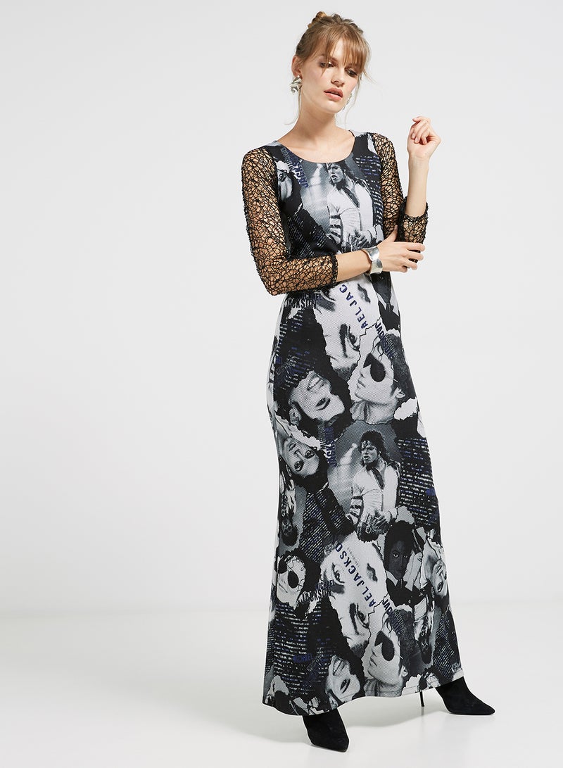 Golden Apple Printed Design Three Quarter Sleeves Maxi Black/Grey - Image 1