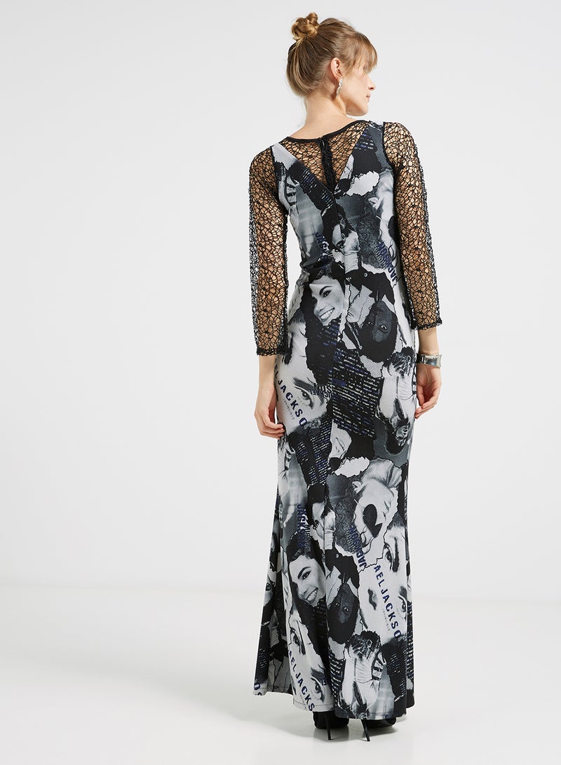 Golden Apple Printed Design Three Quarter Sleeves Maxi Black/Grey - Image 2