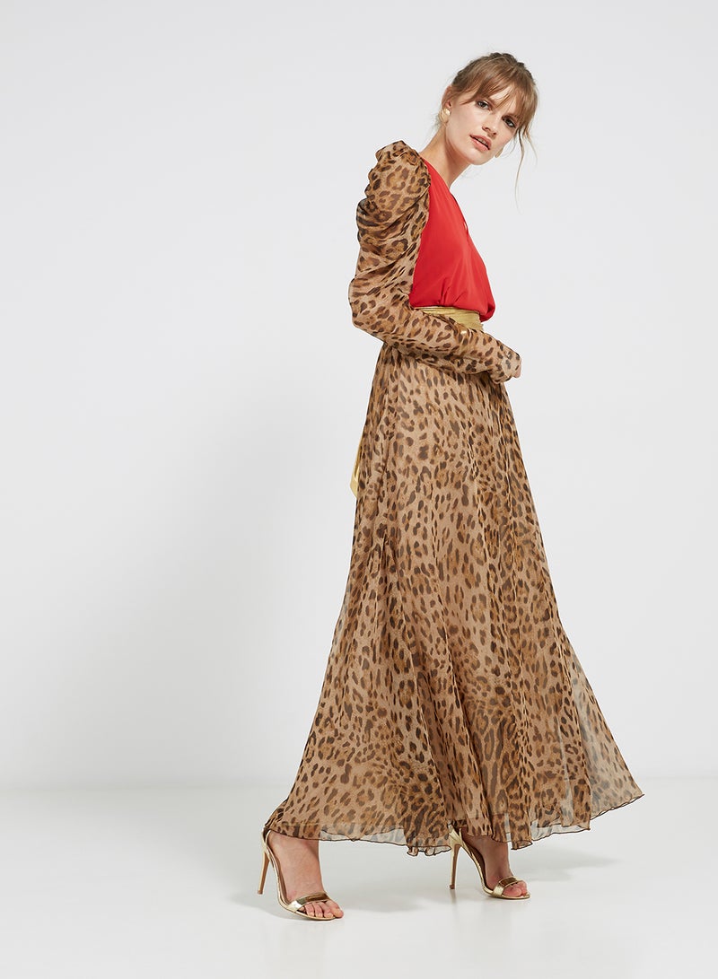 Golden Apple Leopard Print Long Sleeves Maxi Dress Red/Brown/Black  - Image 1