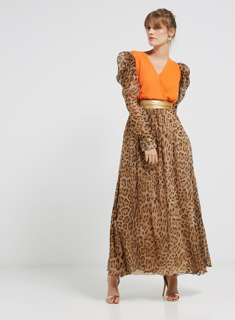 Golden Apple Leopard Print Long Sleeves Maxi Dress Orange/Brown/Black  - Image 1