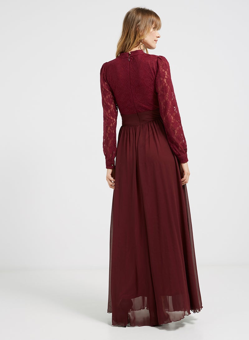 Golden Apple - Lace Detailed Long Sleeves Maxi Dress Maroon - Image 1