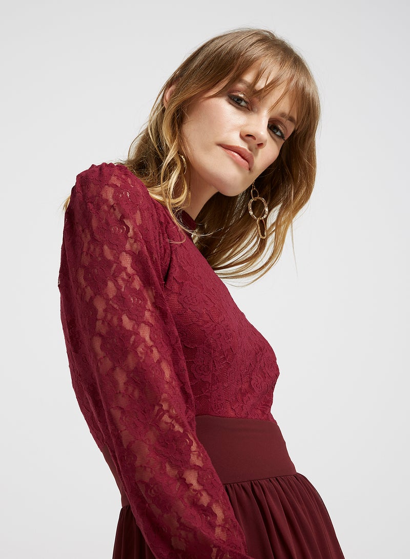 Golden Apple - Lace Detailed Long Sleeves Maxi Dress Maroon - Image 1