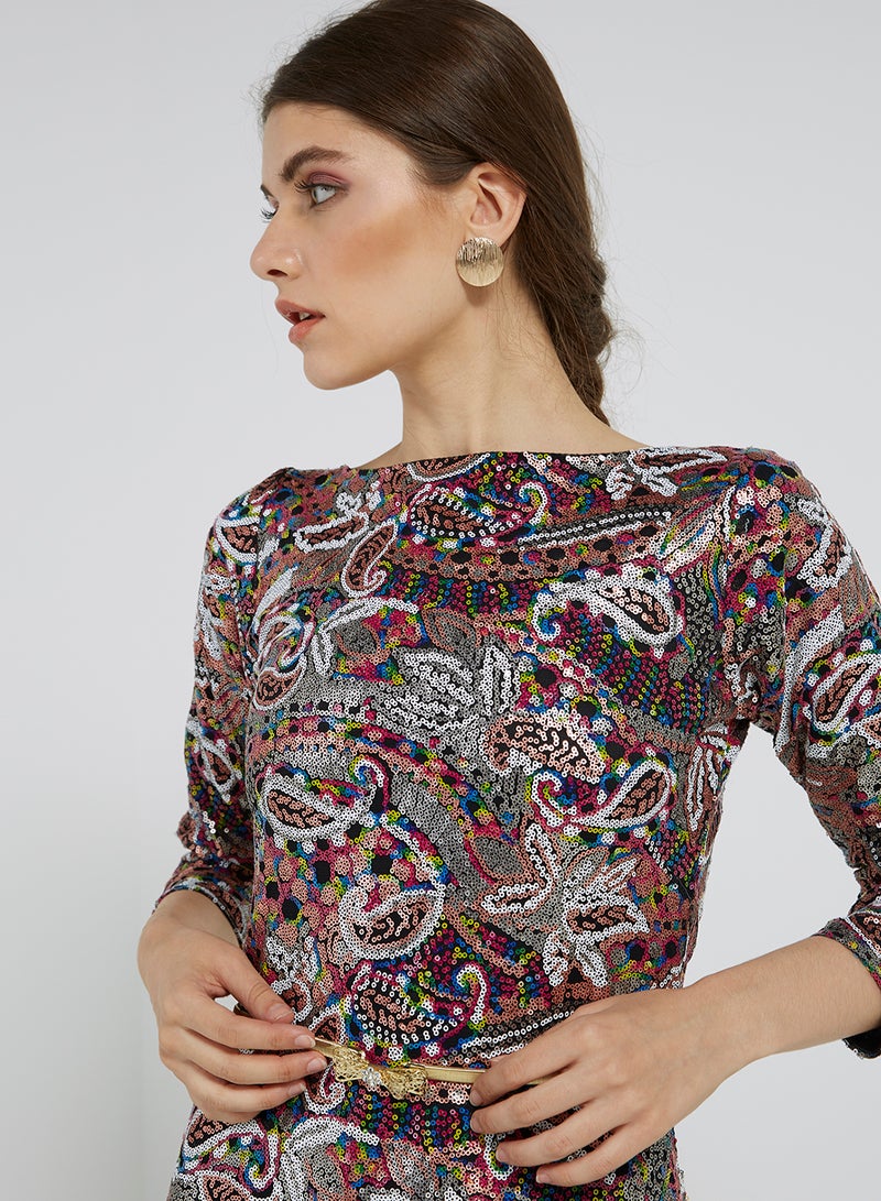 Golden Apple Sequin Detailed Three Quarter Sleeves Maxi Dress Multicolour - Image 3