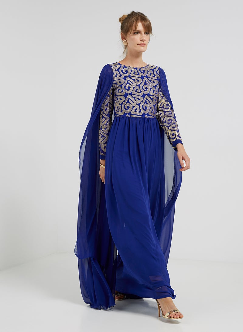 Golden Apple Flared Hemline Long Sleeves Maxi Dress Blue/Gold  - Image 1