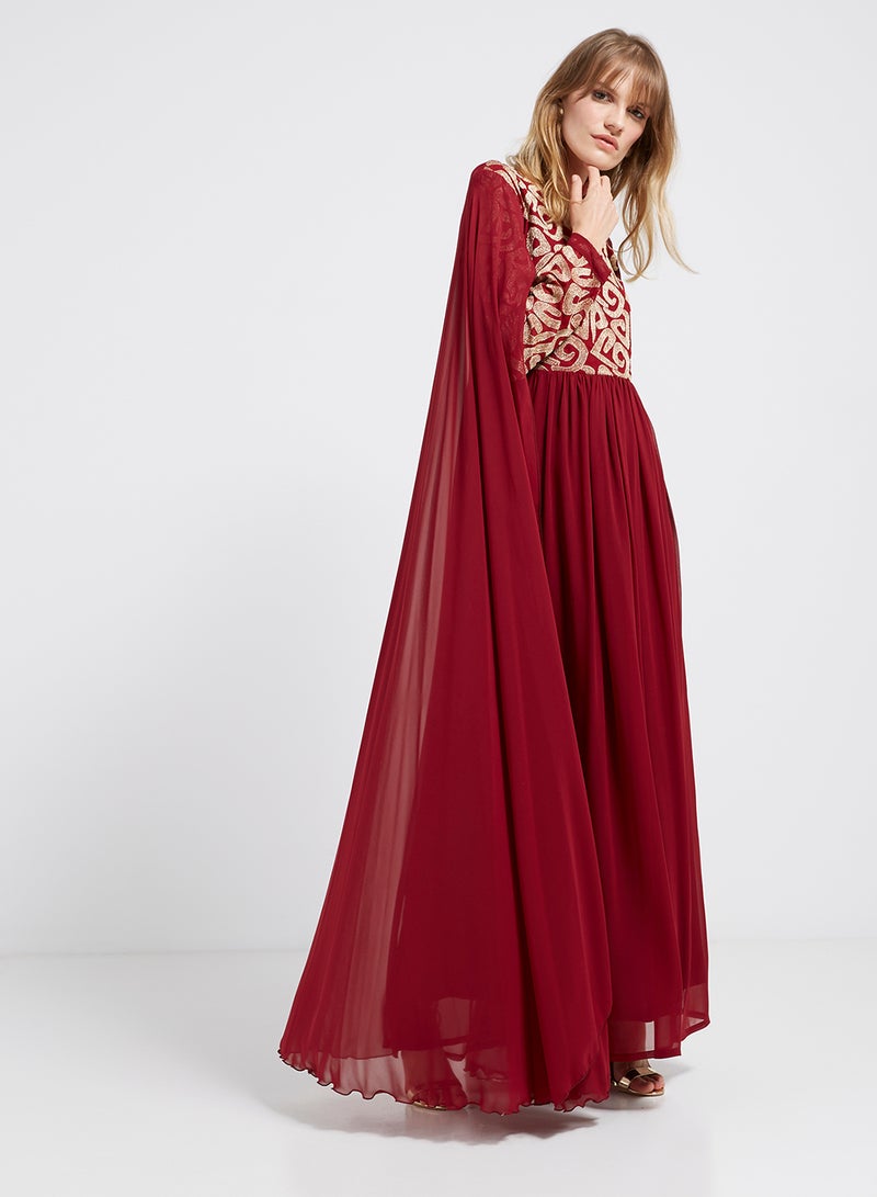 Golden Apple Flared Hemline Long Sleeves Maxi Dress Maroon/Gold  - Image 1