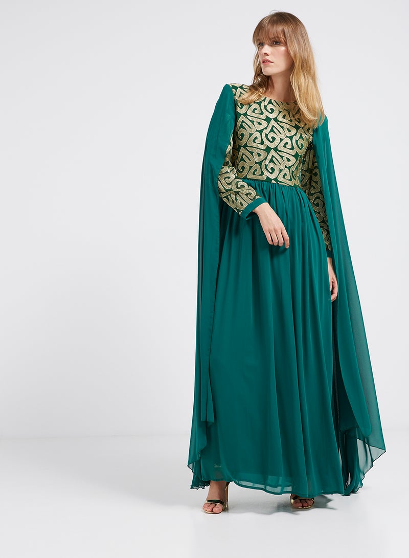 Golden Apple Flared Hemline Long Sleeves Maxi Dress Green/Gold  - Image 1