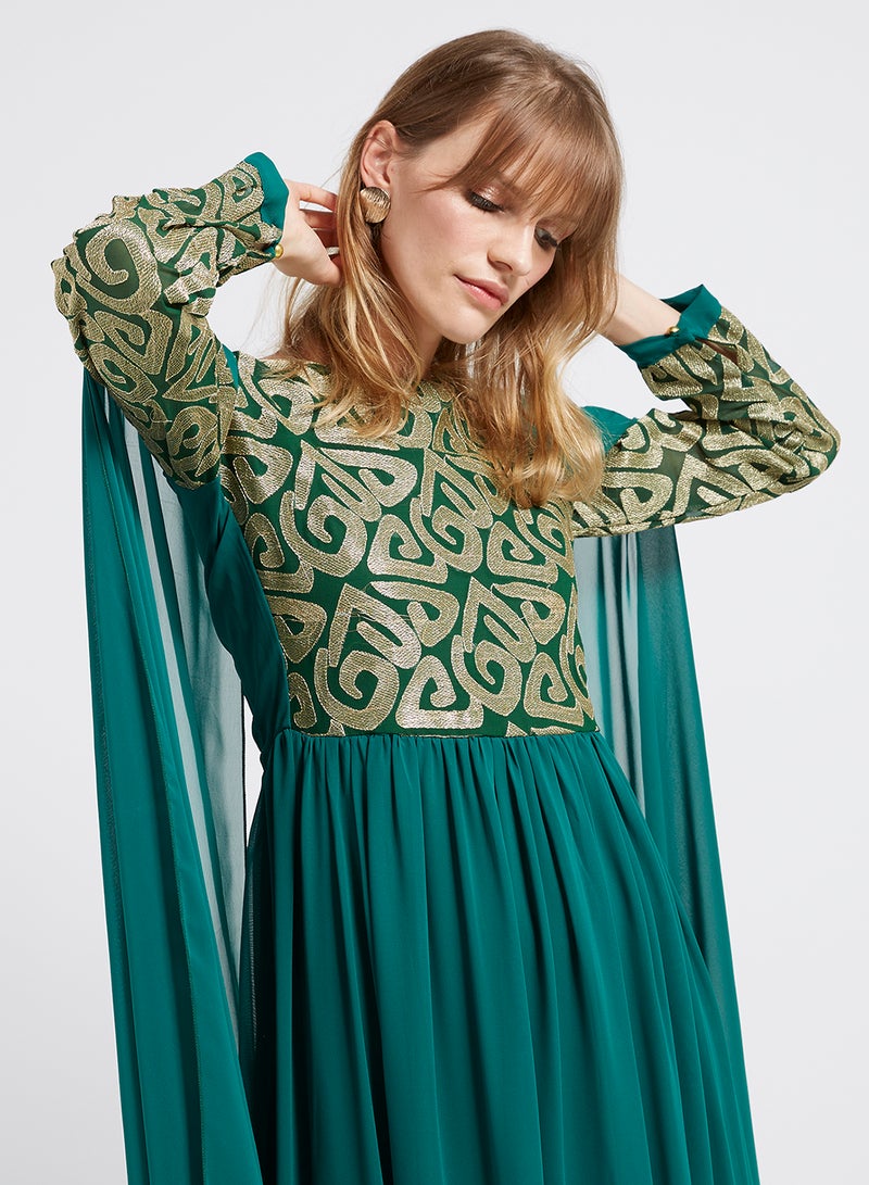 Golden Apple Flared Hemline Long Sleeves Maxi Dress Green/Gold  - Image 3