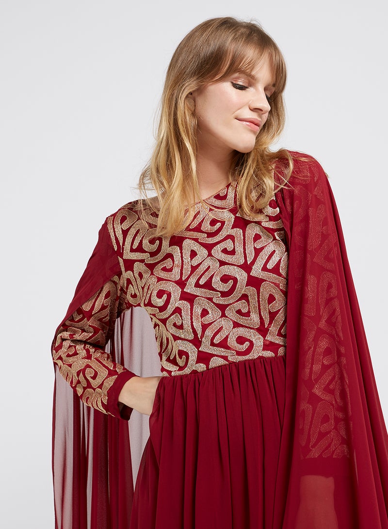 Golden Apple Flared Hemline Long Sleeves Maxi Dress Maroon/Gold  - Image 3
