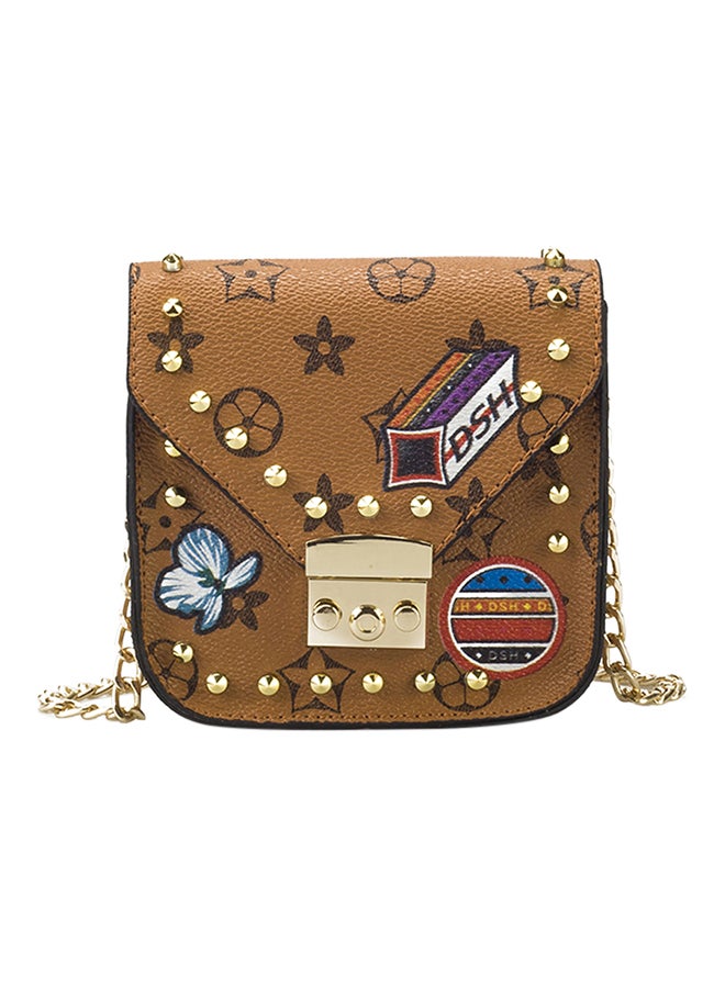 Push Lock Closure Leather Crossbody Bag Brown 