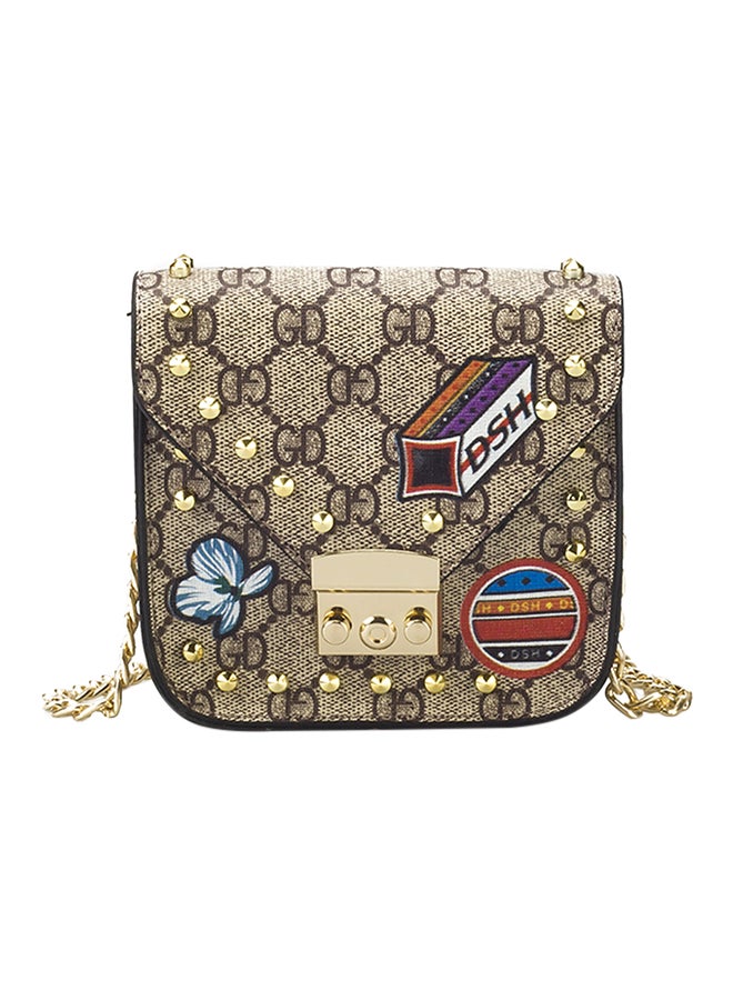 Push Lock Closure Leather Crossbody Bag Beige 