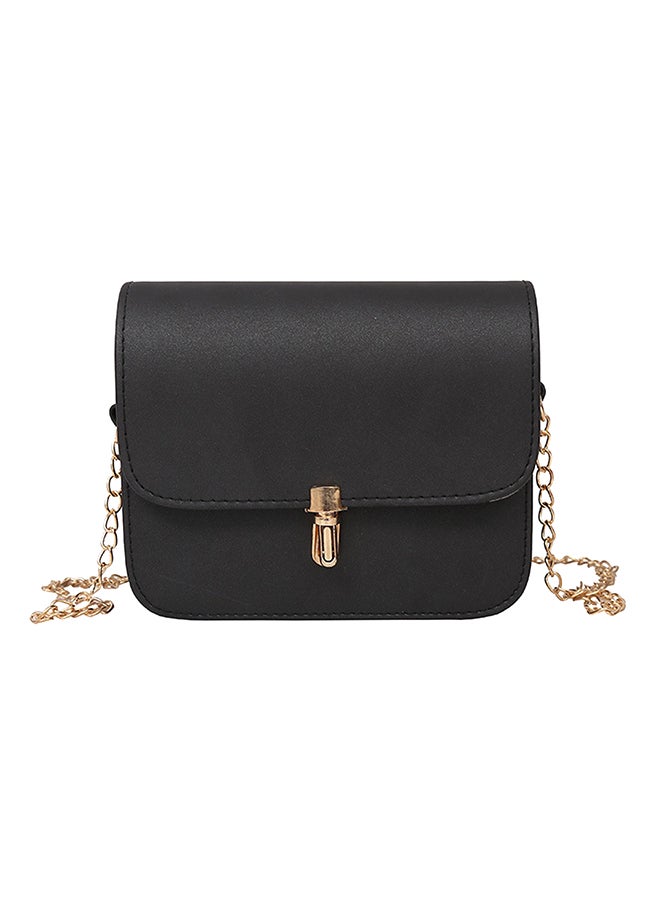 Push Lock Closure Leather Crossbody Bag Black 