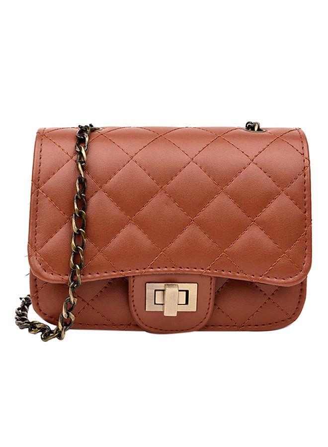 Leather Push Lock Closure Crossbody Bag Brown