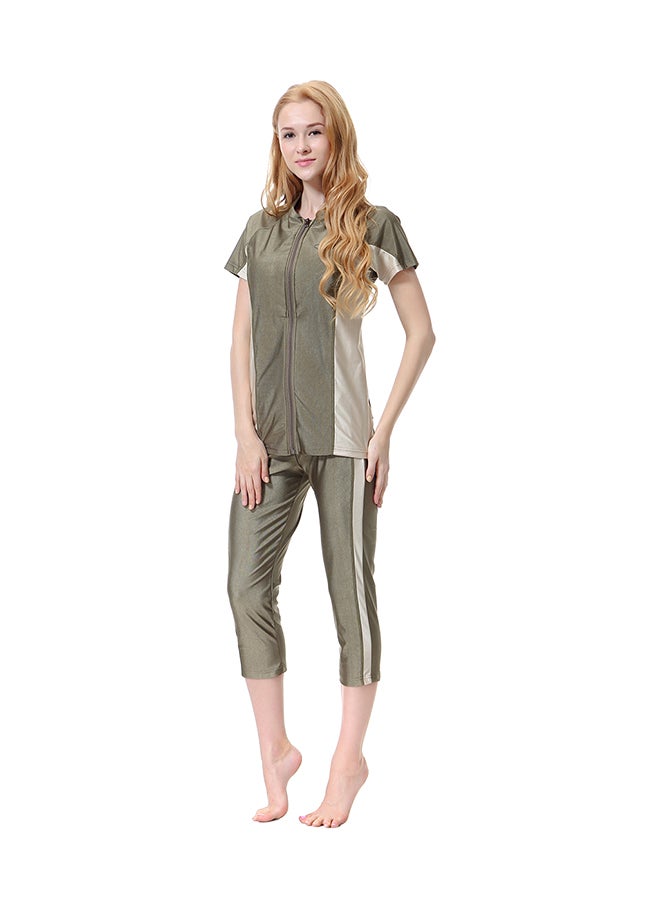 Short Sleeves Leisure Swimsuit Green/Beige - Image 1