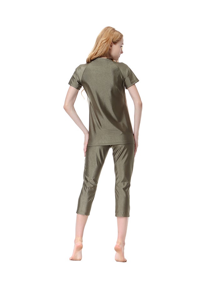 Short Sleeves Leisure Swimsuit Green/Beige - Image 2