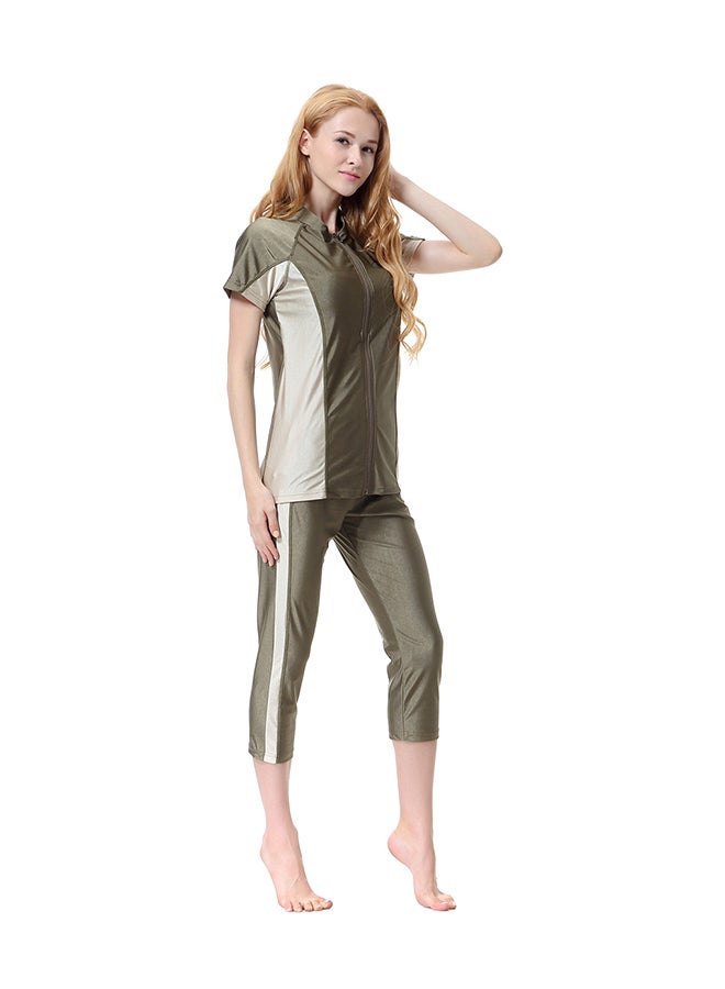 Short Sleeves Leisure Swimsuit Green/Beige - Image 3