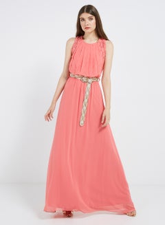 Solid Lace Detailed Maxi Dress Peach
