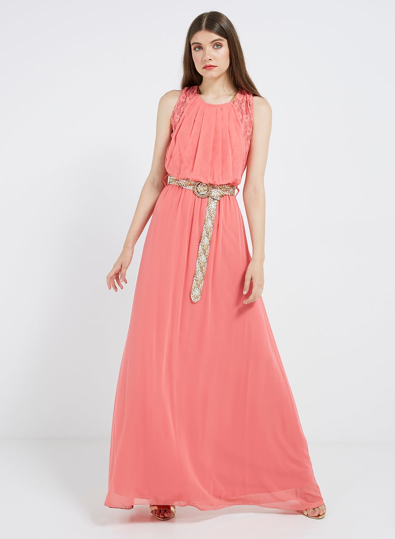 Golden Apple - Solid Lace Detailed Maxi Dress Peach - Image 1