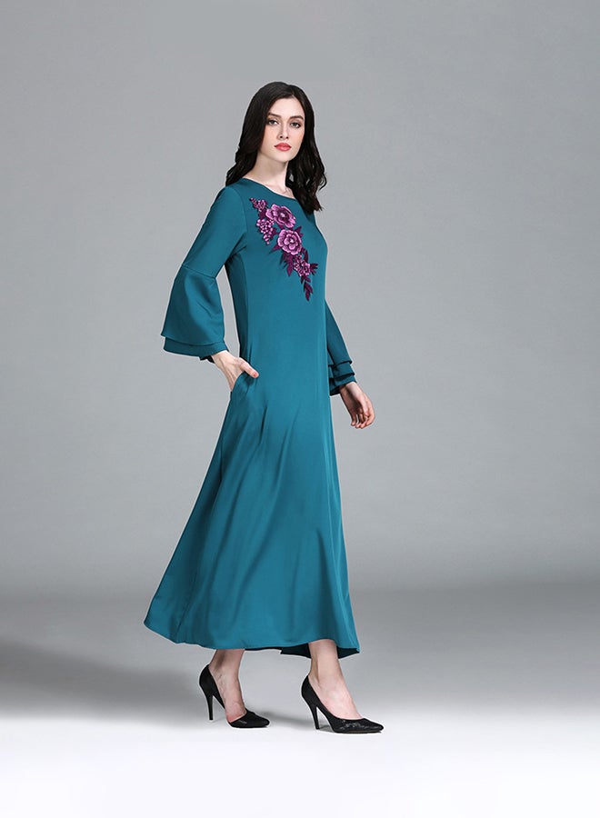 فستان طويل بأكمام طويلة أخضر - Image 3