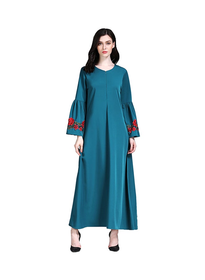 Bell Sleeves Embroidered Maxi Dress Green  - Image 1