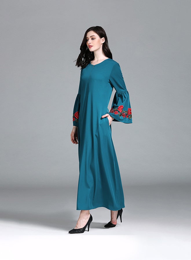 Bell Sleeves Embroidered Maxi Dress Green  - Image 2