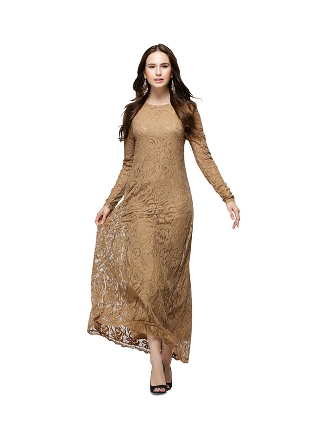 Lace Inserted Long Sleeves Maxi Dress Coffee - Image 1