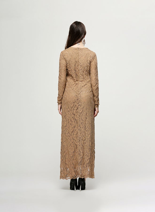 Lace Inserted Long Sleeves Maxi Dress Coffee - Image 2