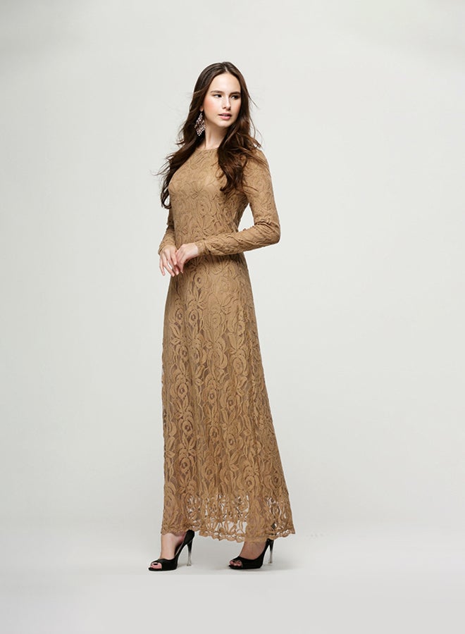 Lace Inserted Long Sleeves Maxi Dress Coffee - Image 3