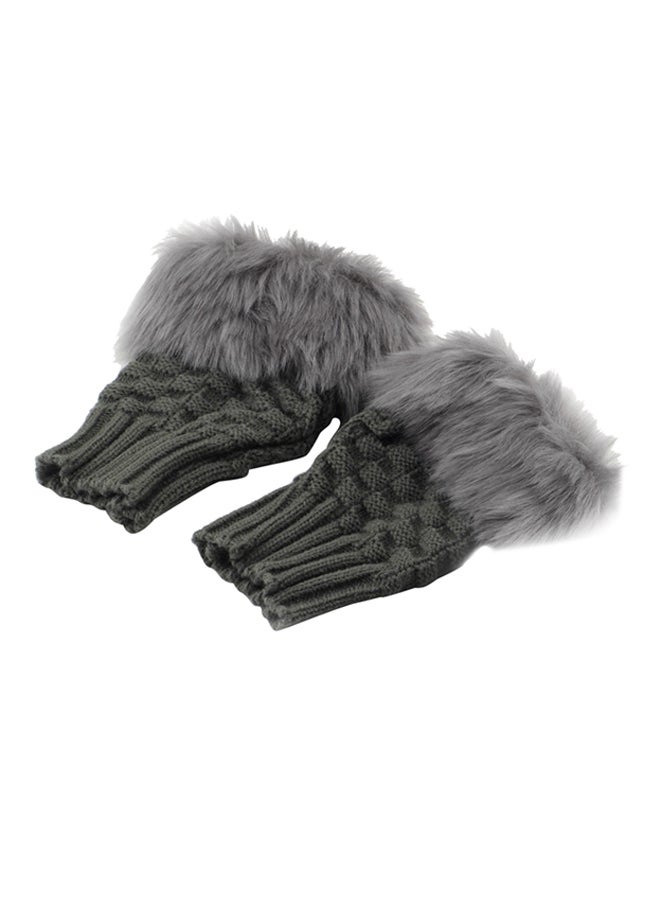 Generic - Fashion Arm Warmer Fingerless Knitted Fur Trim Gloves Grey - Image 1