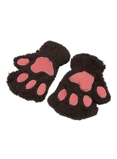 Fluffy Bear Paw Mittens Half Finger Gloves Dark Coffee/Pink