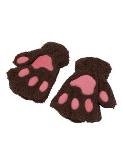 Fluffy Bear Paw Mittens Half Finger Gloves Brown/Pink