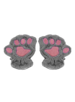 Fluffy Bear Paw Mittens Half Finger Gloves Grey/Pink
