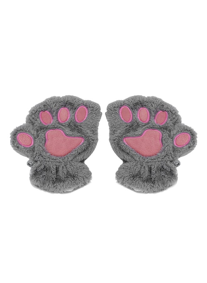Generic - Fluffy Bear Paw Mittens Half Finger Gloves Grey/Pink - Image 1