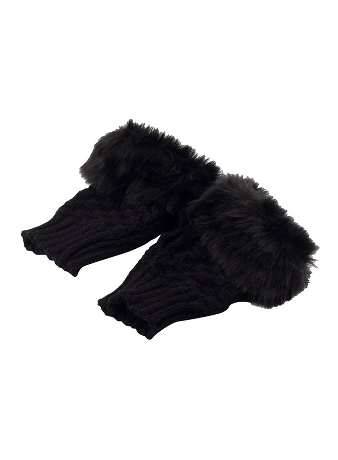 Generic - Fashion Arm Warmer Fingerless Knitted Fur Trim Mitten Gloves Black - Image 1