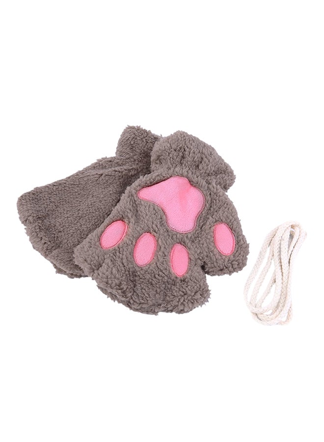 Sofe Claw Fluffy Bear Paw Mittens Half Finger Gloves Khaki/Pink 
