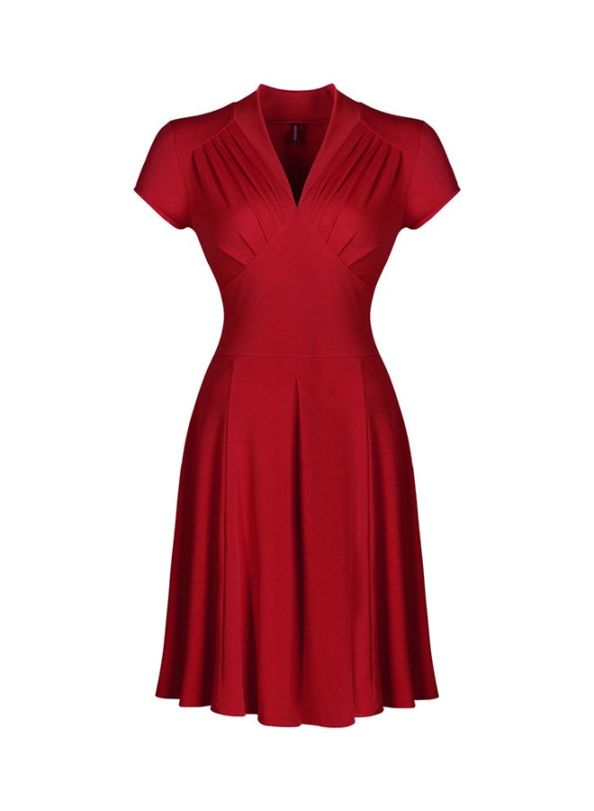 V-Neck Cap-Sleeved Large Swing Dress Red - Image 2