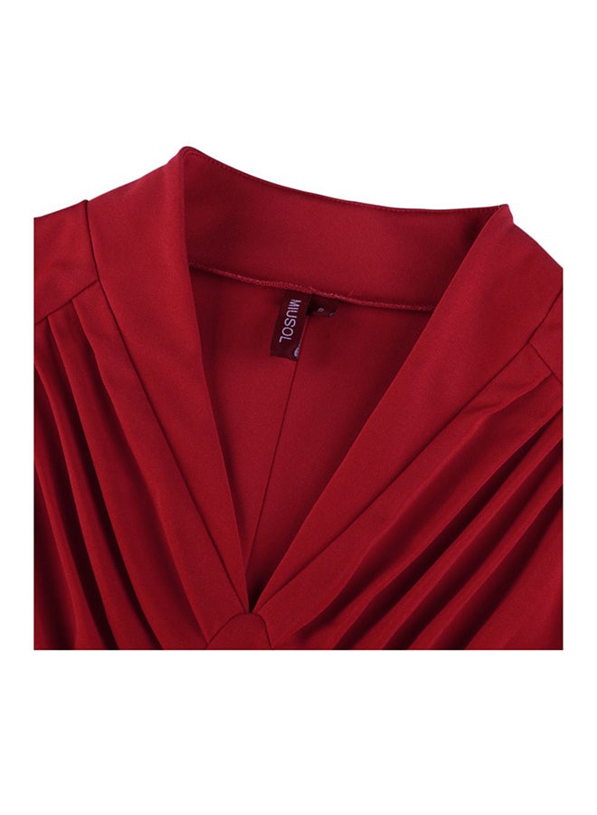 V-Neck Cap-Sleeved Large Swing Dress Red - Image 4