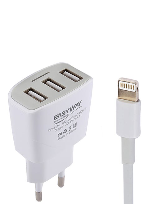 3-Port USB Charging Adapter With Lightning Cable - EU Plug White