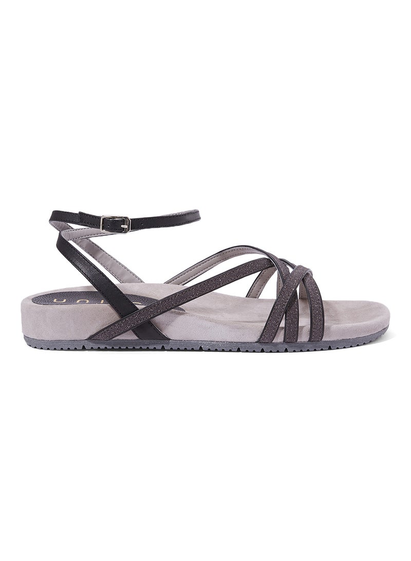 UnISA Suede Leather Ankle Strap Sandals Black/Beige  - Image 1