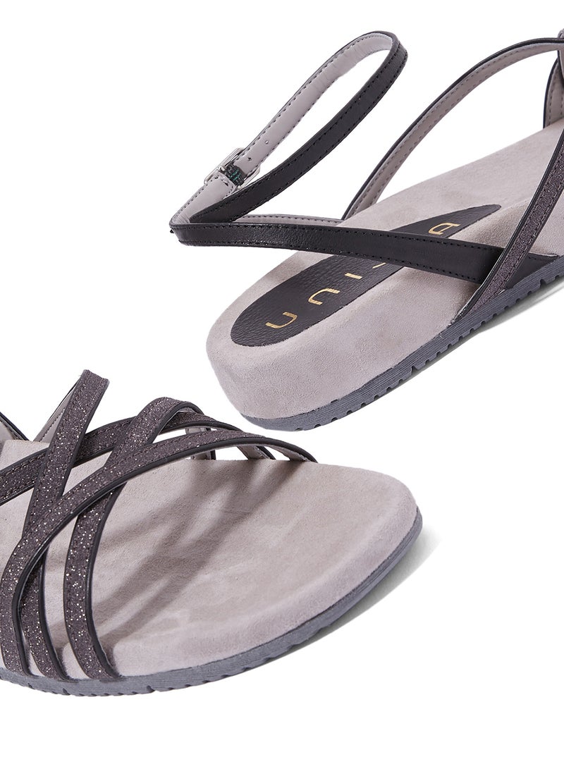 UnISA Suede Leather Ankle Strap Sandals Black/Beige  - Image 4