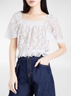 NEW LOOK Classic Style Lace Square Neck Top White  - Image 1