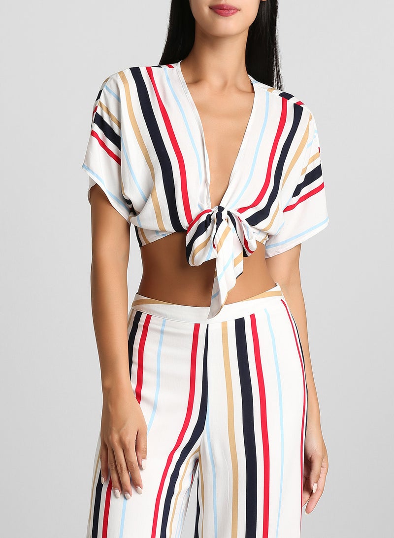 FOREVER 21 Striped Tie Front Top White - Image 1