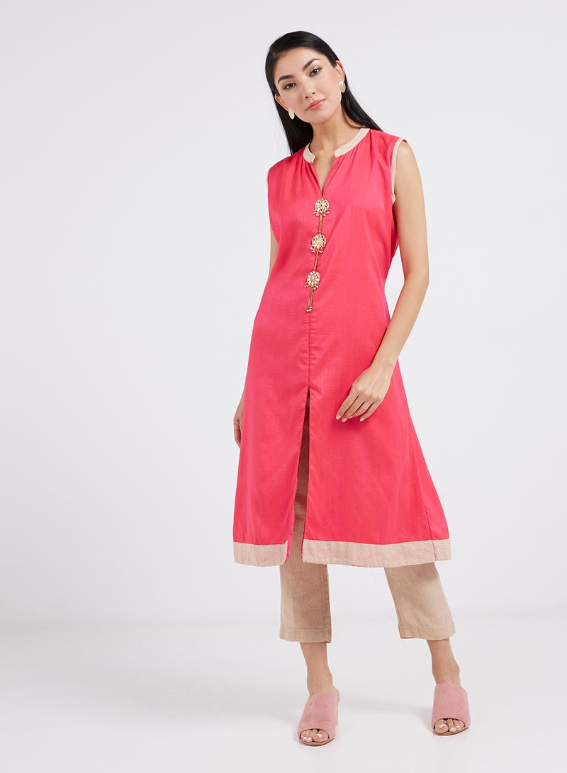 Raju Plaza - V-Neck Sleeveless Kurta Rani Pink/Beige - Image 1