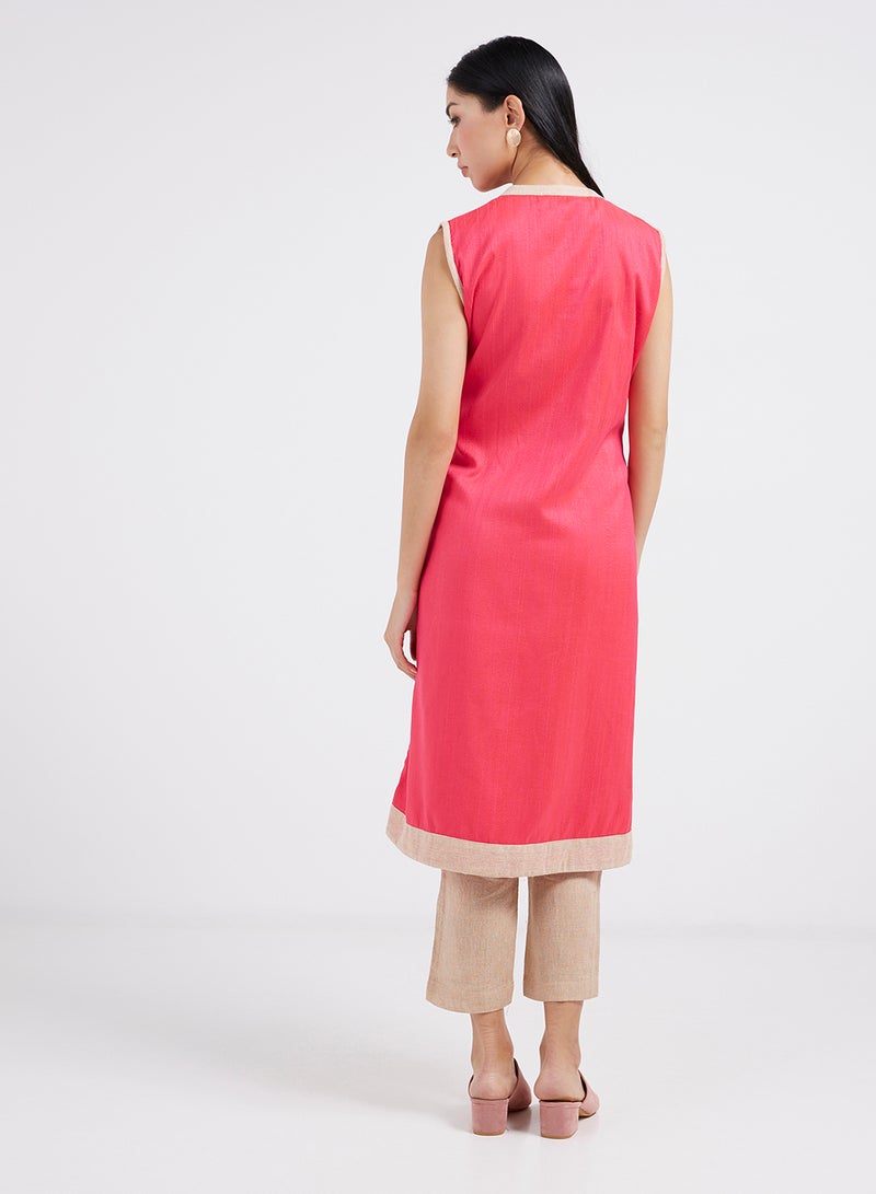 Raju Plaza - V-Neck Sleeveless Kurta Rani Pink/Beige - Image 1