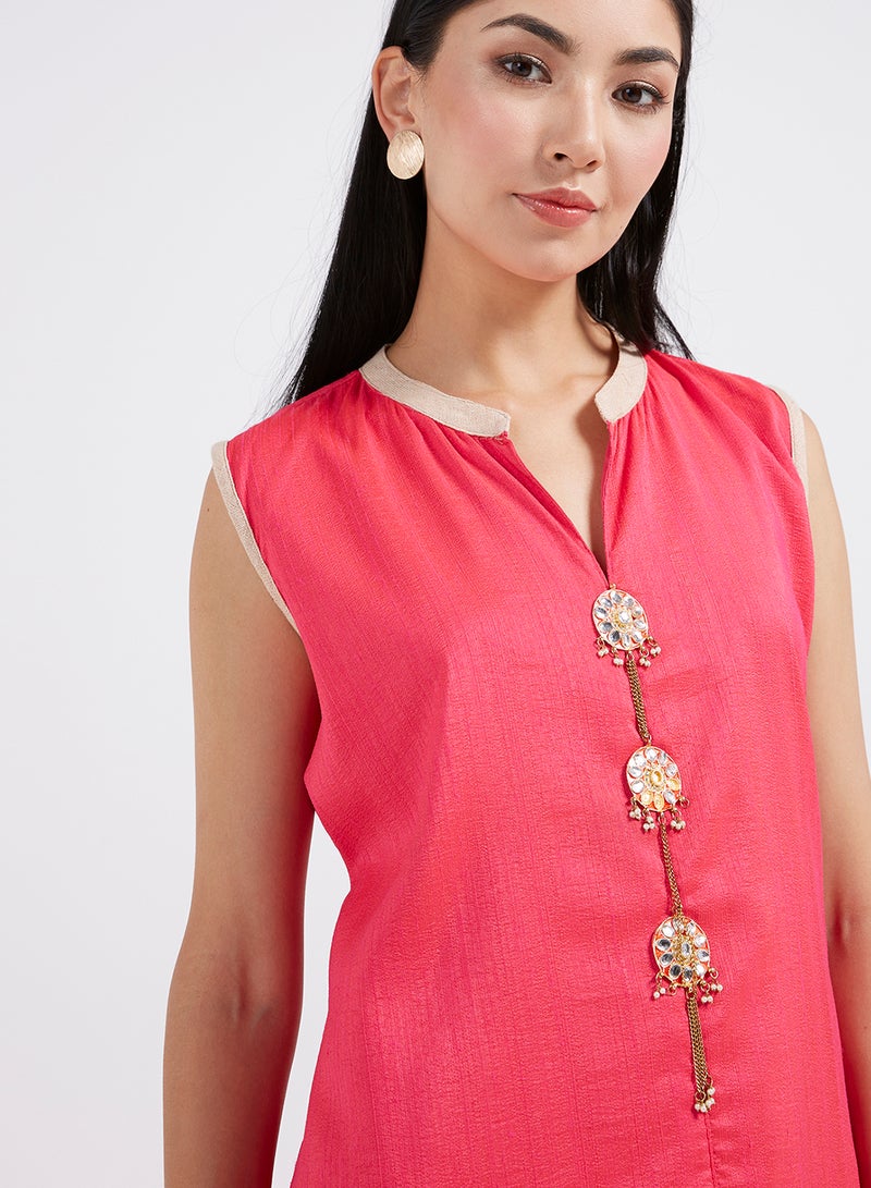 Raju Plaza - V-Neck Sleeveless Kurta Rani Pink/Beige - Image 1