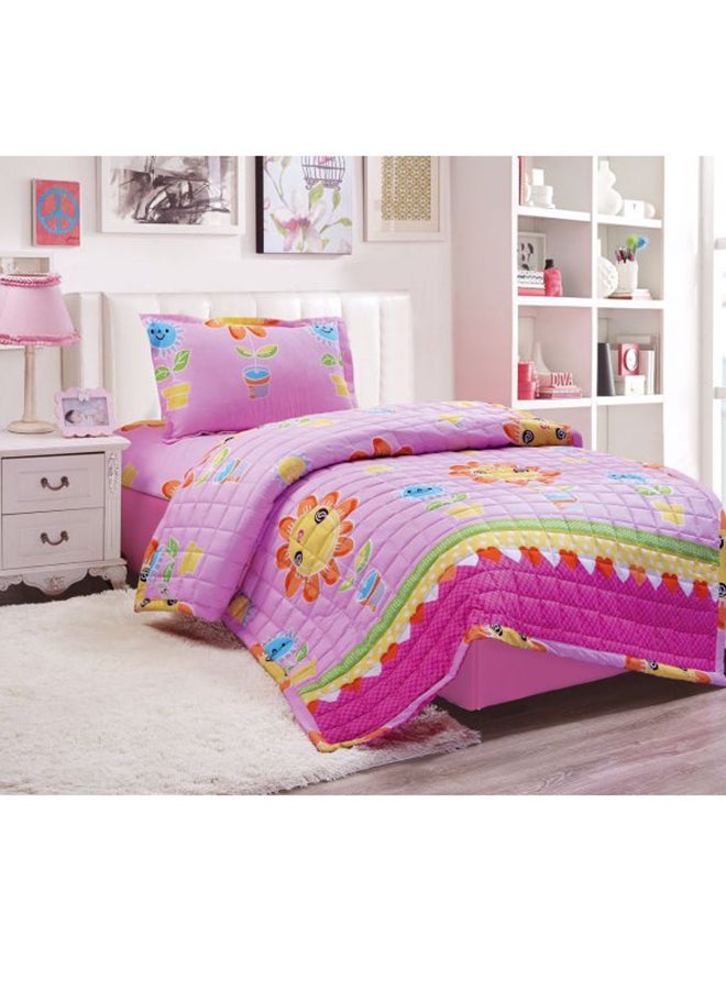 مون طقم لحاف مطبوع عليه رسمة شمس مكون من 3 قطع مايكروفايبر وردي/أصفر/برتقالي Single