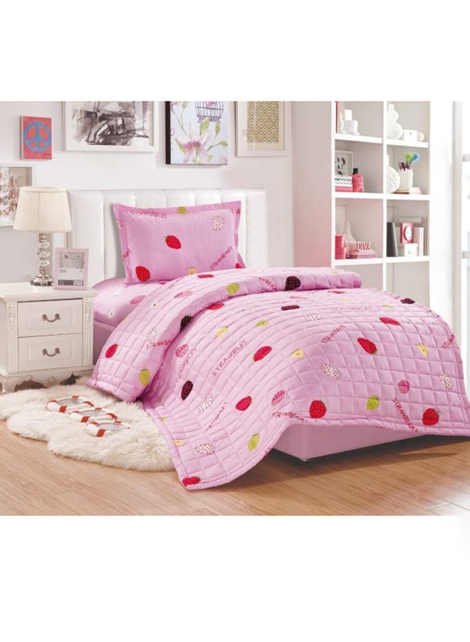 مون طقم لحاف مطبوع عليه فراولة مكون من 3 قطع مايكروفايبر وردي/أحمر Single