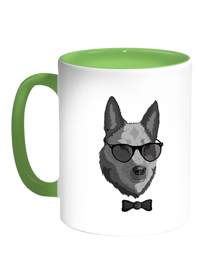 Decalac Wolf Wearing Glasses Printed Coffee Mug White/Green