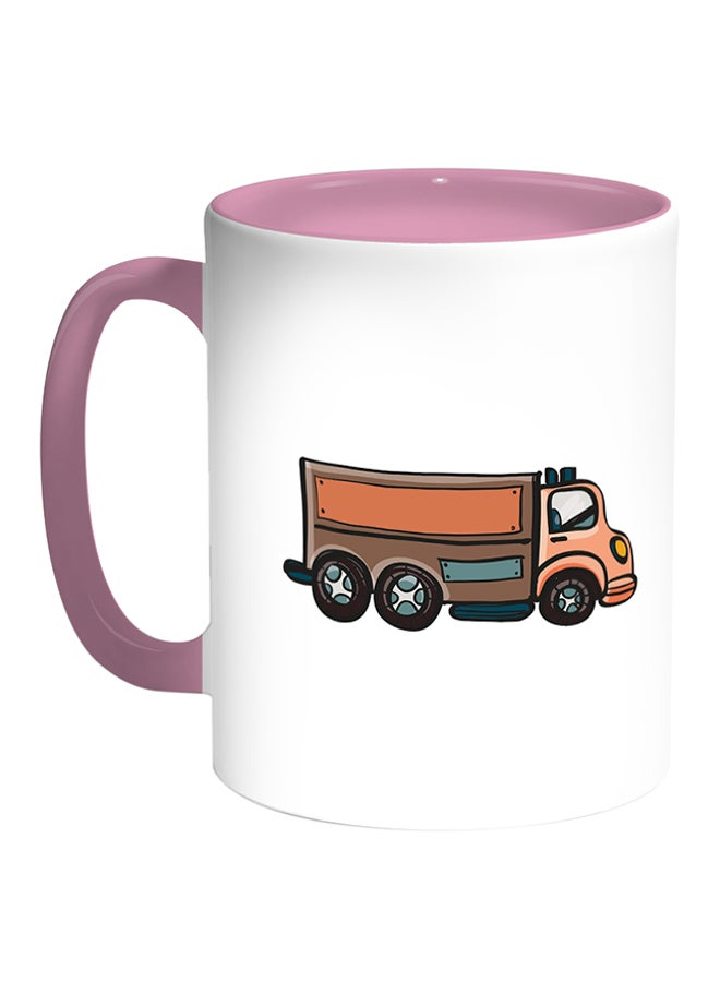 قدح قهوة مطبوع عليه صورة شاحنة أبيض/ وردي