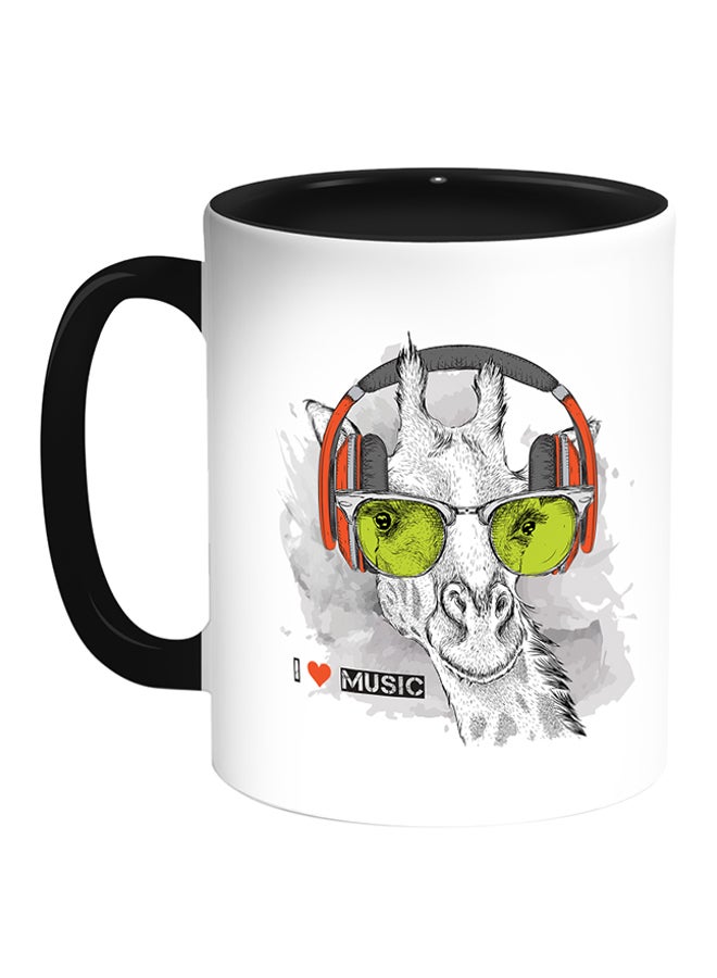 مج قهوة مطبوعة عليه عبارة "I Love Music" أبيض/ أسود